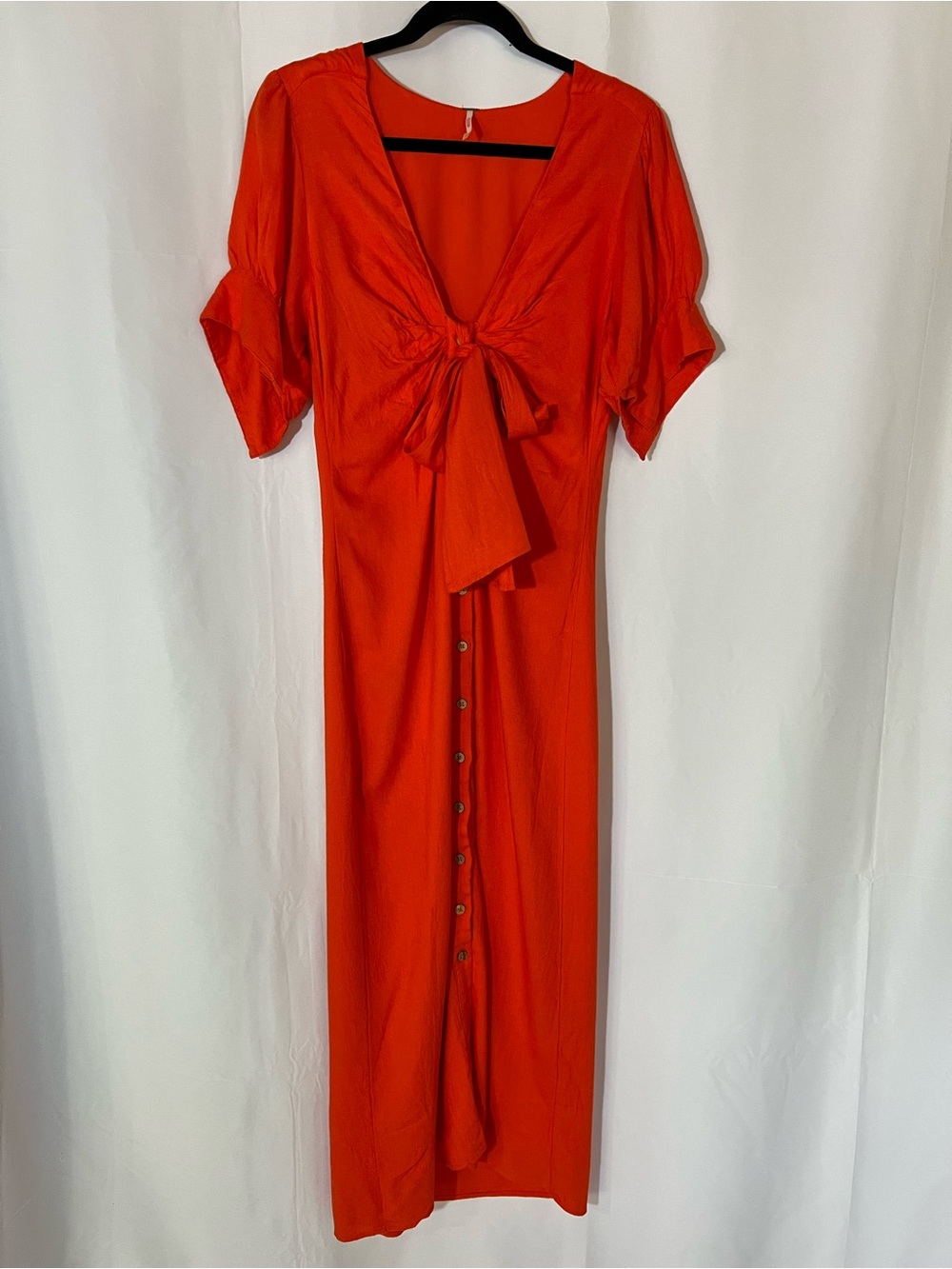 Free People Women's Tie Front V-Neck Bright Orange Linen Blend MIDI Dress Boho M - Picture 2 of 12